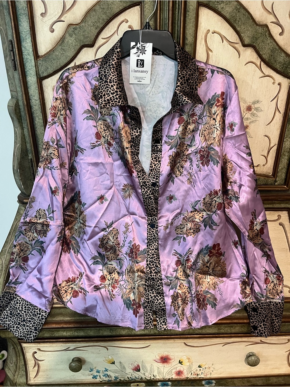 I Lansansy Lavender Floral Satin Blouse with Leopard Trim